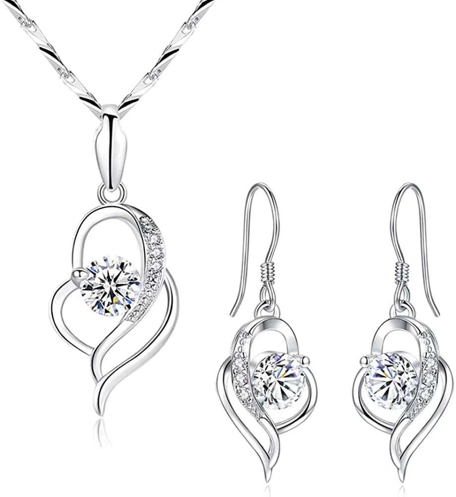 Silver Jewellery Set for Women, 925 Sterling Silver Heart Dangle Drop Earrings & 45Cm Necklace Pendant Set, with White AAA Cubic Zirconia, Allergy Free Jewellery for Mother Wife Girlfriend jewelry ser
