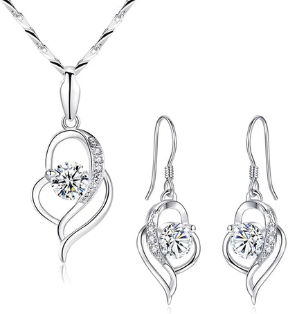 Silver Jewellery Set for Women, 925 Sterling Silver Heart Dangle Drop Earrings & 45Cm Necklace Pendant Set, with White AAA Cubic Zirconia, Allergy Free Jewellery for Mother Wife Girlfriend jewelry ser