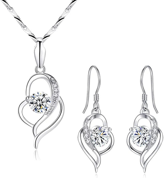 Silver Jewellery Set for Women, 925 Sterling Silver Heart Dangle Drop Earrings & 45Cm Necklace Pendant Set, with White AAA Cubic Zirconia, Allergy Free Jewellery for Mother Wife Girlfriend jewelry ser