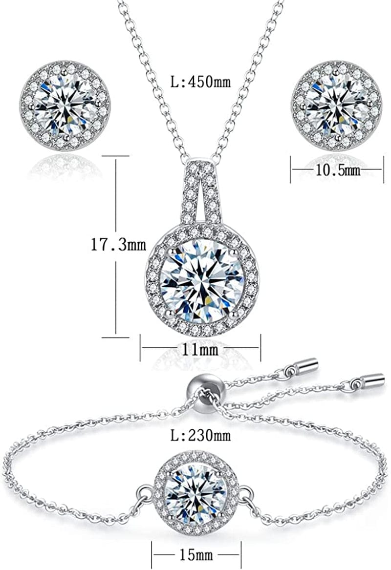 Silver Jewelry Set 2 Carat Cubic Zirconia Pendant Necklace Bracelet and Earring Sets Bridal Jewelry
