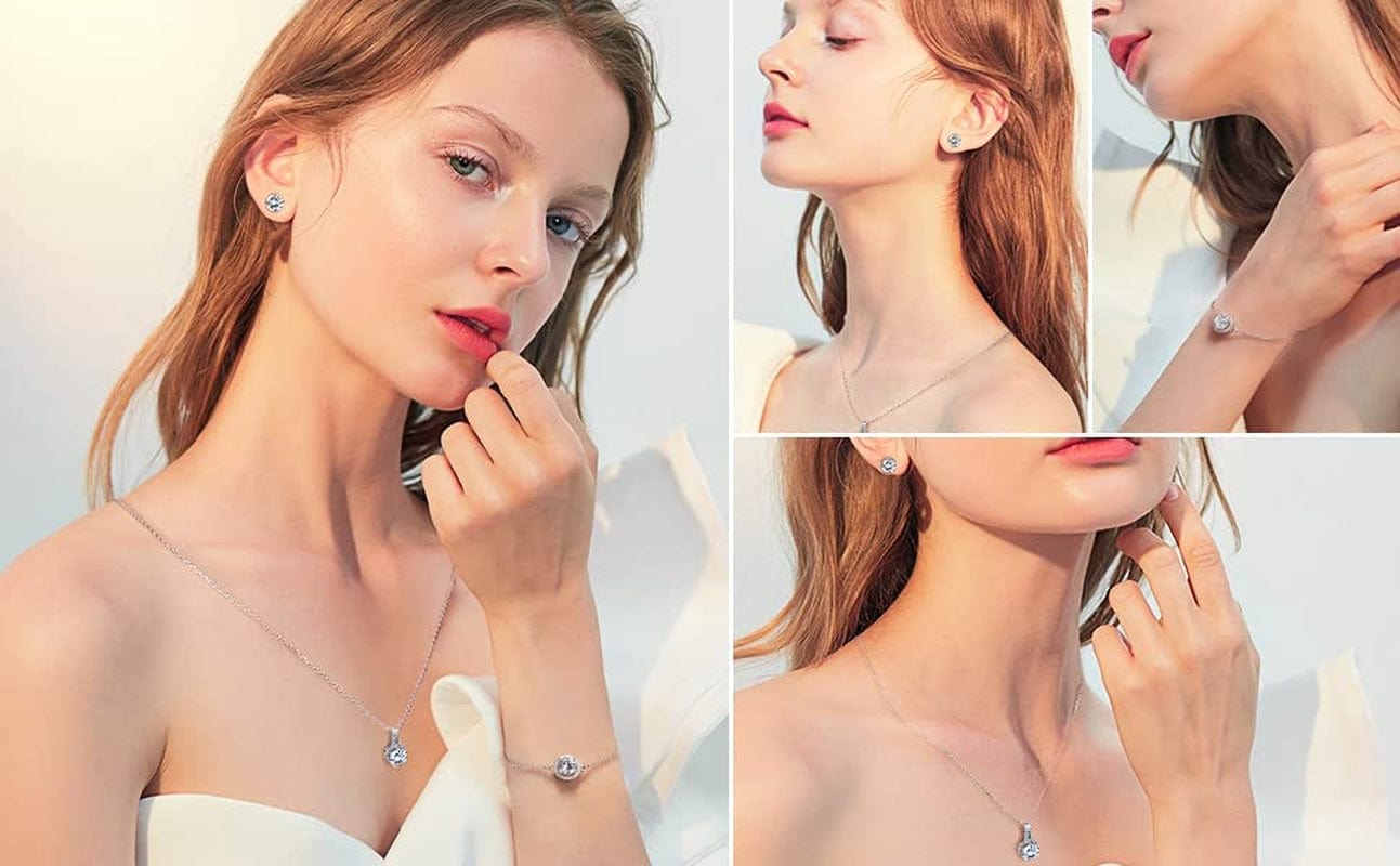 Silver Jewelry Set 2 Carat Cubic Zirconia Pendant Necklace Bracelet and Earring Sets Bridal Jewelry