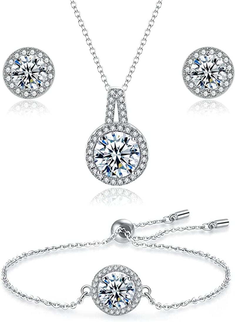 Silver Jewelry Set 2 Carat Cubic Zirconia Pendant Necklace Bracelet and Earring Sets Bridal Jewelry