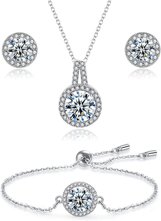 Silver Jewelry Set 2 Carat Cubic Zirconia Pendant Necklace Bracelet and Earring Sets Bridal Jewelry