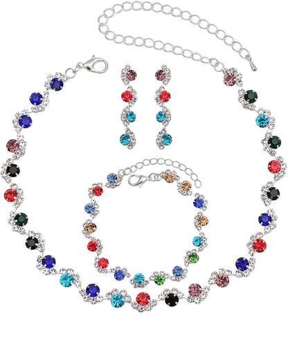 Silver Necklace Earrings Bracelet Crystal Bridal Wedding Jewelry Sets for Brides Bridesmaid Prom Costume Accessories for Women Style 4-Multicolor Necklace Earrings Bracelet