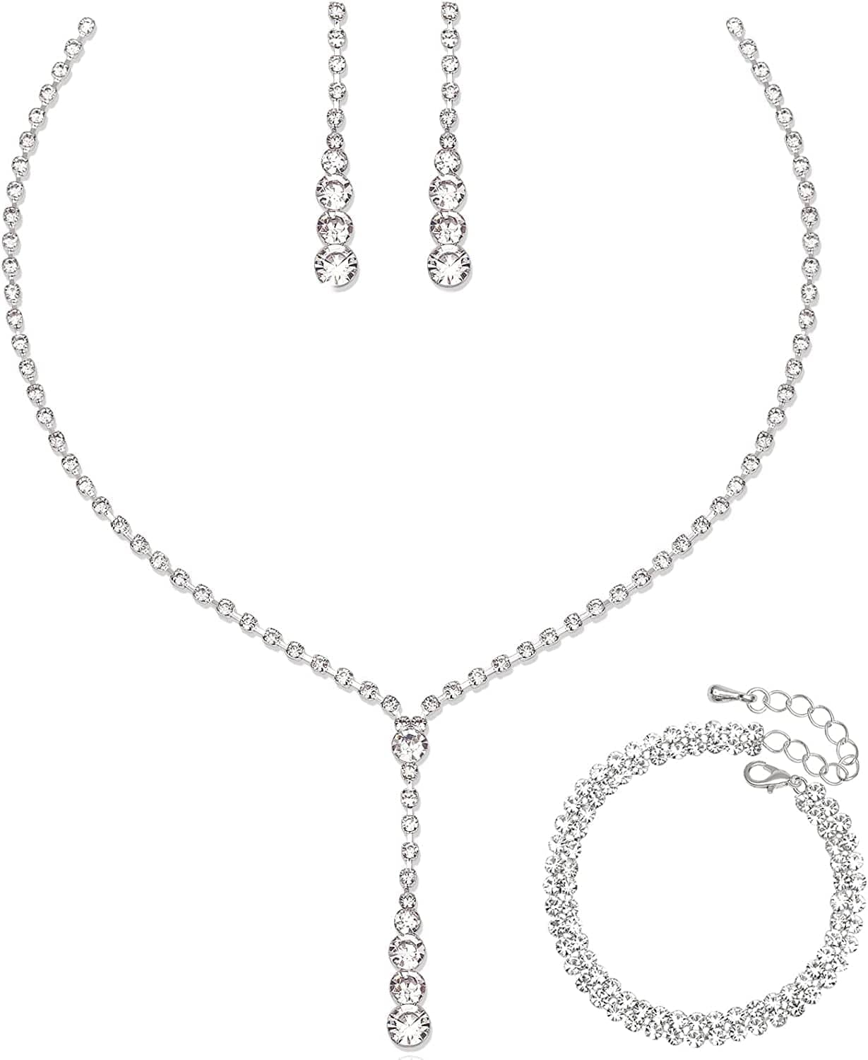 Silver Necklace Earrings Bracelet Crystal Bridal Wedding Jewelry Sets for Brides Bridesmaid Prom Costume Accessories for Women Style 6-Necklace Earring Bracelet