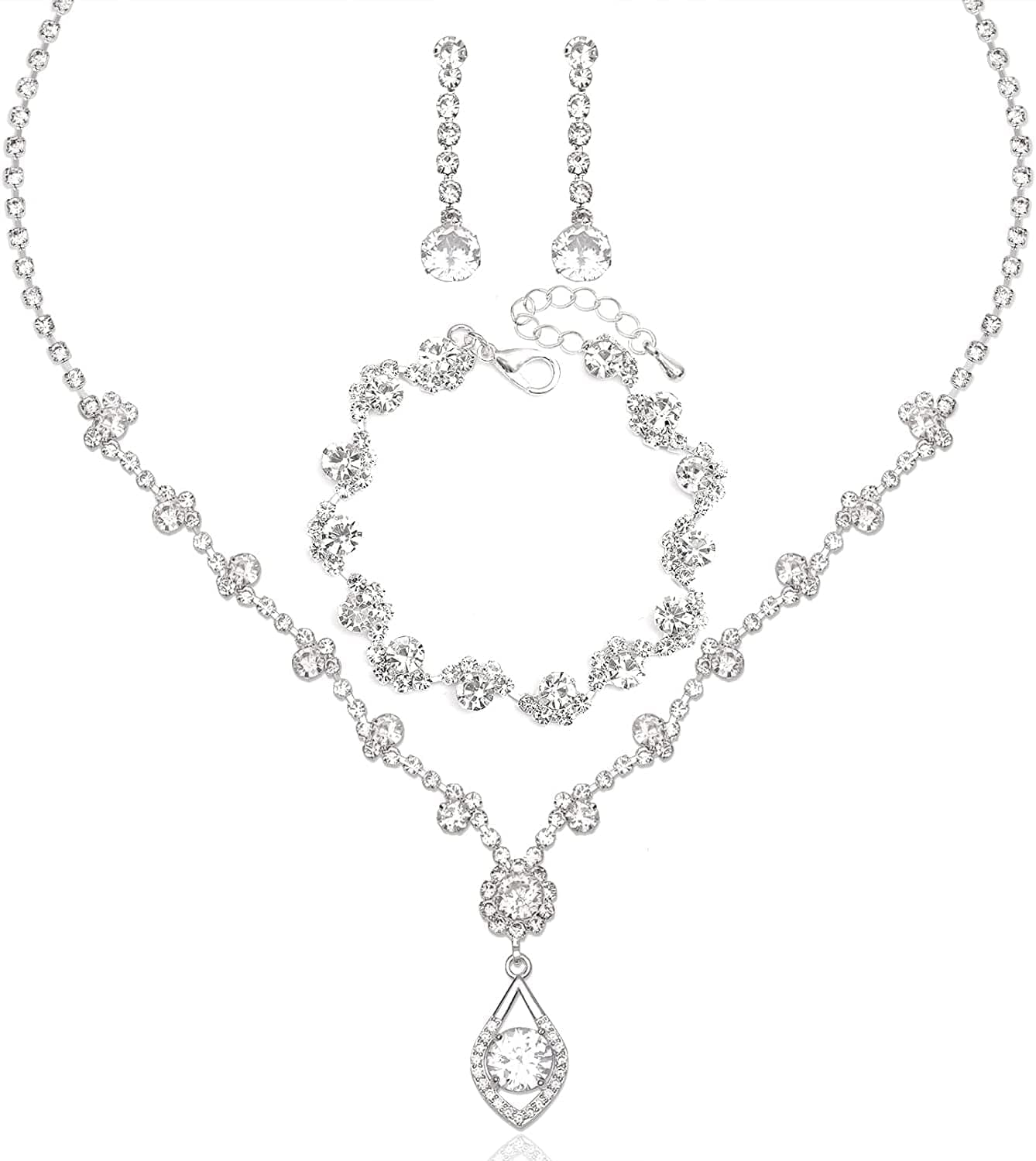 Silver Necklace Earrings Bracelet Crystal Bridal Wedding Jewelry Sets for Brides Bridesmaid Prom Costume Accessories for Women 02 Style 9-Necklace Earring Bracelet