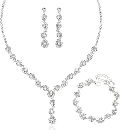 Silver Necklace Earrings Bracelet Crystal Bridal Wedding Jewelry Sets for Brides Bridesmaid Prom Costume Accessories for Women Style 5-Necklace Earring Bracelet