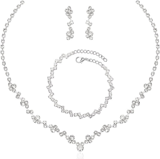 Silver Necklace Earrings Bracelet Crystal Bridal Wedding Jewelry Sets for Brides Bridesmaid Prom Costume Accessories for Women Style 4-Silver Necklace Earring Bracelet