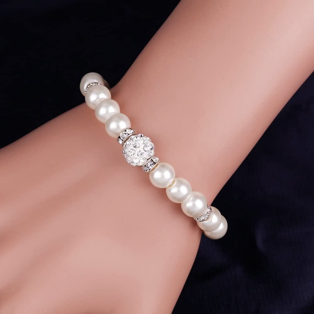 Silver Plated Faux Pearl Necklace Earring Bracelet Jewelry Set Pearl Necklace Set (White4)