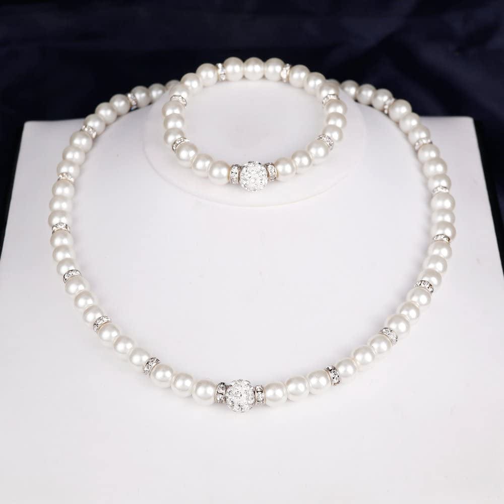 Silver Plated Faux Pearl Necklace Earring Bracelet Jewelry Set Pearl Necklace Set (White4)