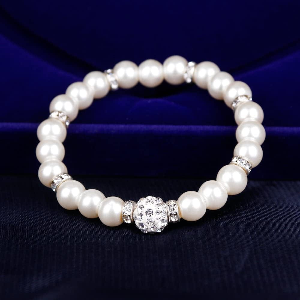 Silver Plated Faux Pearl Necklace Earring Bracelet Jewelry Set Pearl Necklace Set (White4)