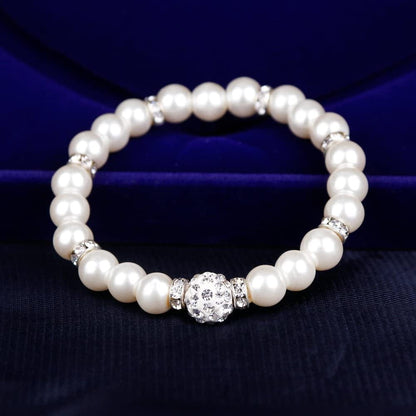 Silver Plated Faux Pearl Necklace Earring Bracelet Jewelry Set Pearl Necklace Set (White4)