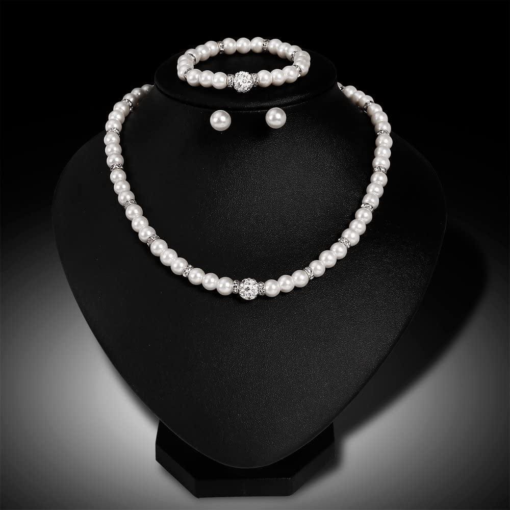 Silver Plated Faux Pearl Necklace Earring Bracelet Jewelry Set Pearl Necklace Set (White4)