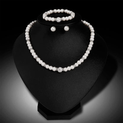 Silver Plated Faux Pearl Necklace Earring Bracelet Jewelry Set Pearl Necklace Set (White4)