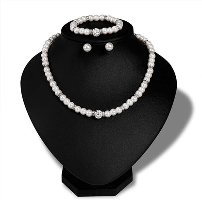 Silver Plated Faux Pearl Necklace Earring Bracelet Jewelry Set Pearl Necklace Set (White4)