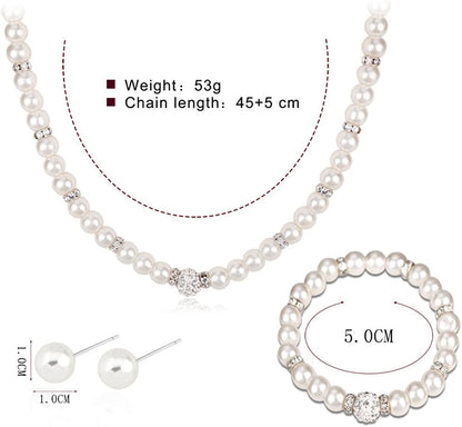 Silver Plated Faux Pearl Necklace Earring Bracelet Jewelry Set Pearl Necklace Set (White4)