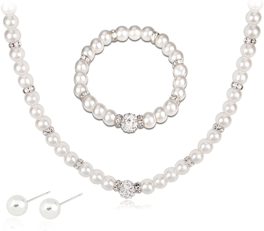 Silver Plated Faux Pearl Necklace Earring Bracelet Jewelry Set Pearl Necklace Set (White4)