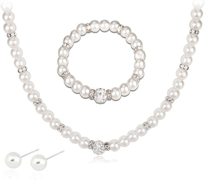 Silver Plated Faux Pearl Necklace Earring Bracelet Jewelry Set Pearl Necklace Set (White4)
