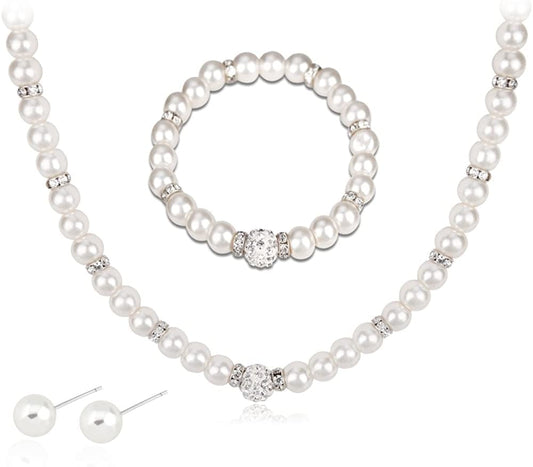 Silver Plated Faux Pearl Necklace Earring Bracelet Jewelry Set Pearl Necklace Set (White4)