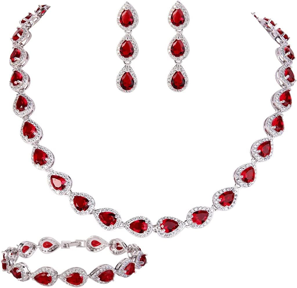 Silver-Tone CZ Birthstone Elegant Tear Drop Necklace Earrings Bracelet Set Red