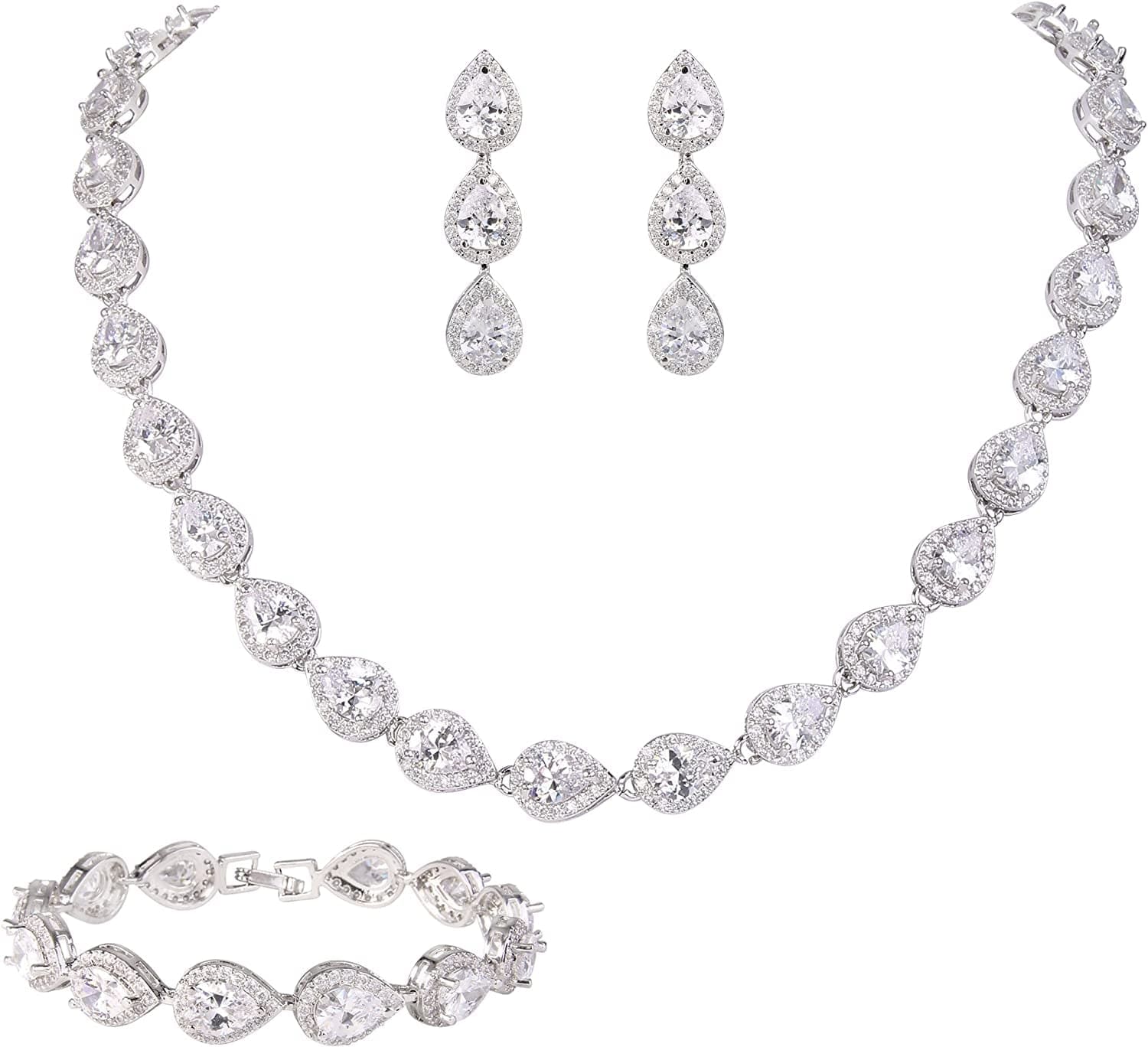 Silver-Tone CZ Birthstone Elegant Tear Drop Necklace Earrings Bracelet Set Clear
