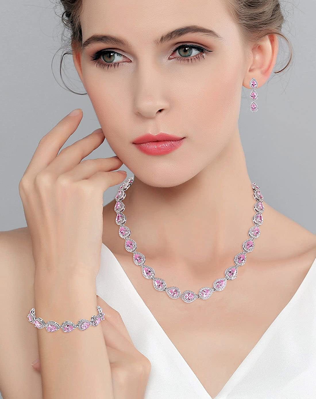 Silver-Tone CZ Birthstone Elegant Tear Drop Necklace Earrings Bracelet Set