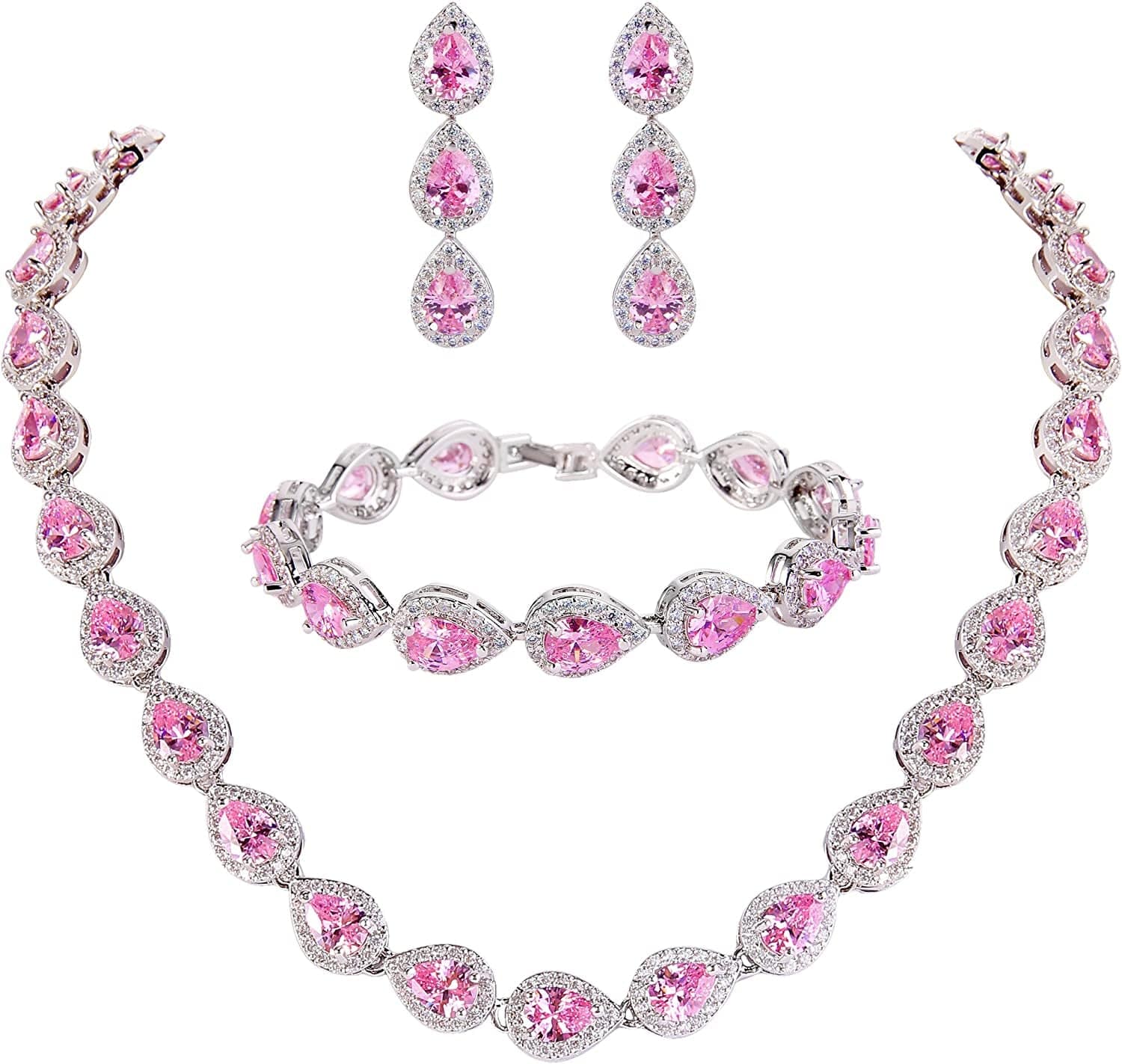 Silver-Tone CZ Birthstone Elegant Tear Drop Necklace Earrings Bracelet Set Pink
