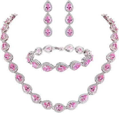 Silver-Tone CZ Birthstone Elegant Tear Drop Necklace Earrings Bracelet Set Pink