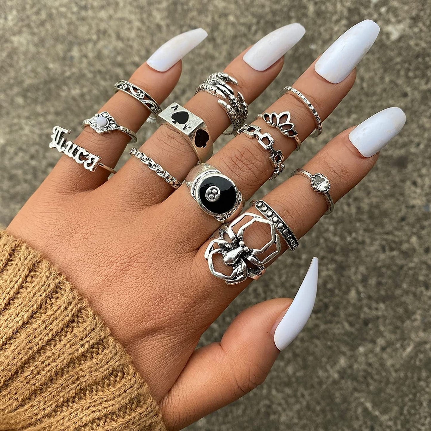Silver Vintage Goth Punk Rings Set for Men Girls Women, Cool Gothic Ring Pack, Trendy Stackable Boho Chunky Knuckle Emo Full Finger Rings, Adjustable Open Snake Butterfly Ace Eboy Y2K Ring 1-1