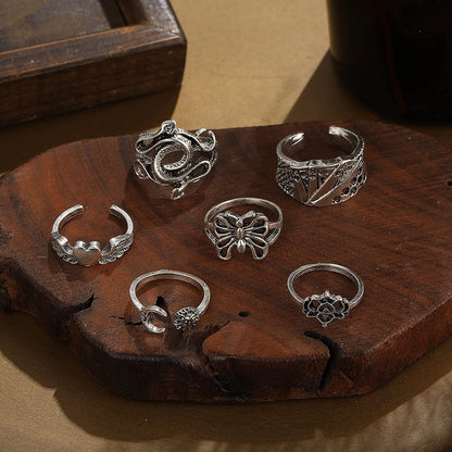 Silver Vintage Goth Punk Rings Set for Men Girls Women, Cool Gothic Ring Pack, Trendy Stackable Boho Chunky Knuckle Emo Full Finger Rings, Adjustable Open Snake Butterfly Ace Eboy Y2K Ring 1-1
