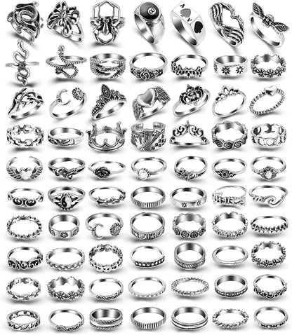 Silver Vintage Goth Punk Rings Set for Men Girls Women, Cool Gothic Ring Pack, Trendy Stackable Boho Chunky Knuckle Emo Full Finger Rings, Adjustable Open Snake Butterfly Ace Eboy Y2K Ring 1-1