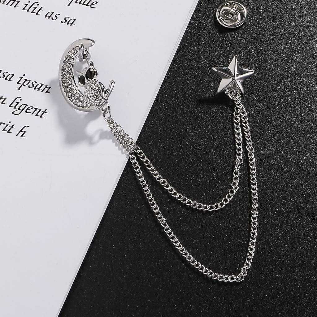 Simhoa Crystal Moon Brooch Chain, Lapel Pins Badge with Chain Tassel for Blouse Shirt Collar Pins Silver