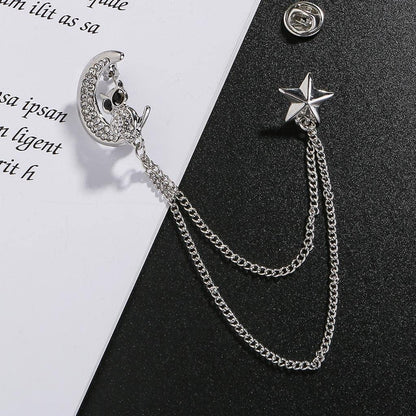 Simhoa Crystal Moon Brooch Chain, Lapel Pins Badge with Chain Tassel for Blouse Shirt Collar Pins Silver