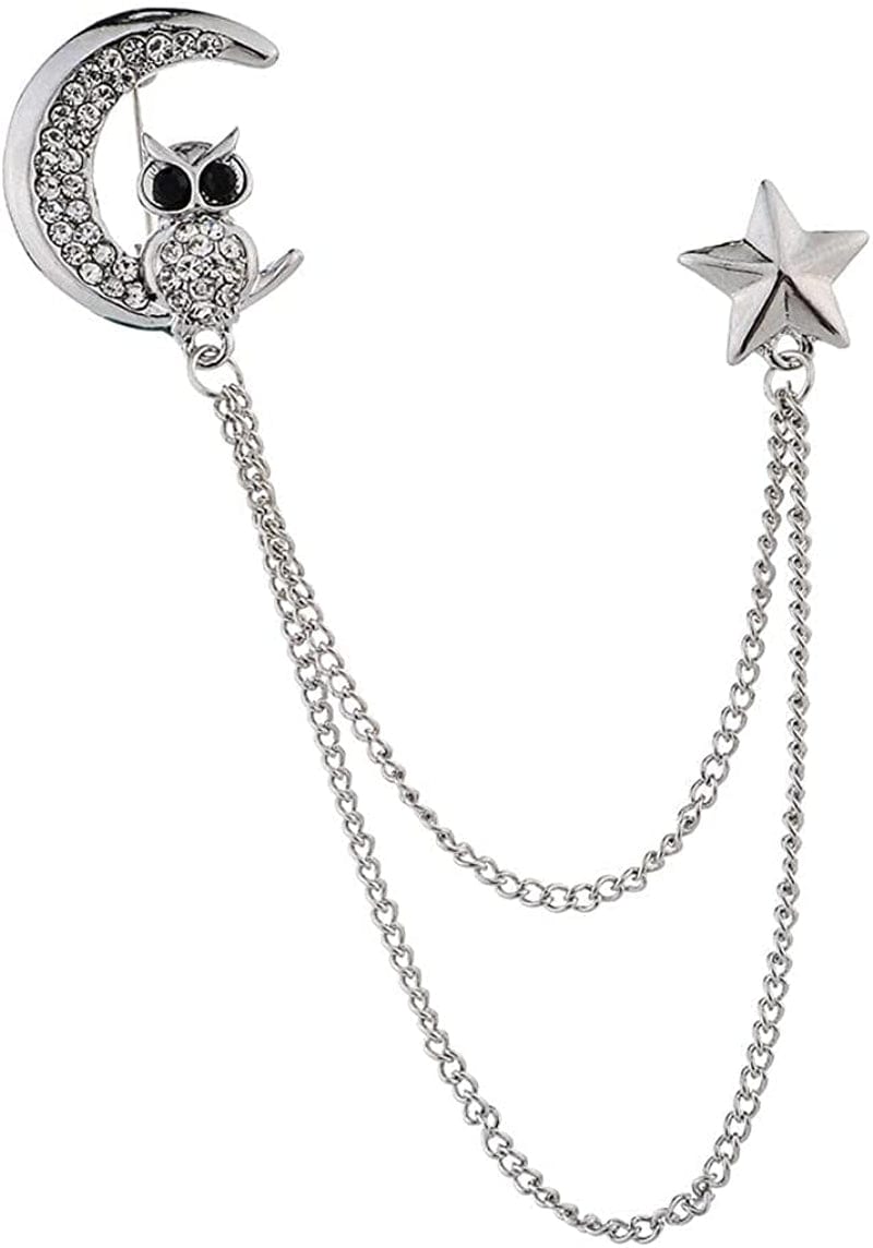 Simhoa Crystal Moon Brooch Chain, Lapel Pins Badge with Chain Tassel for Blouse Shirt Collar Pins Silver