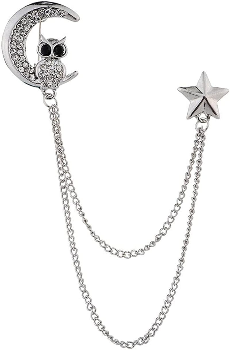 Simhoa Crystal Moon Brooch Chain, Lapel Pins Badge with Chain Tassel for Blouse Shirt Collar Pins Silver