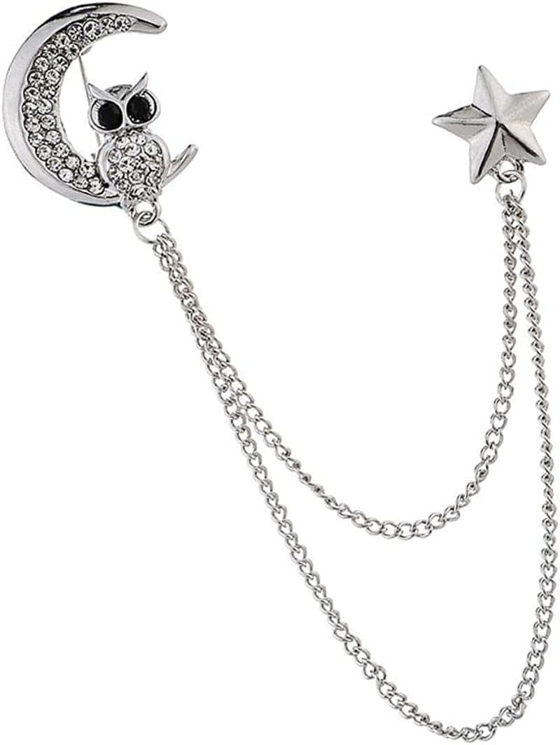 Simhoa Crystal Moon Brooch Chain, Lapel Pins Badge with Chain Tassel for Blouse Shirt Collar Pins Silver