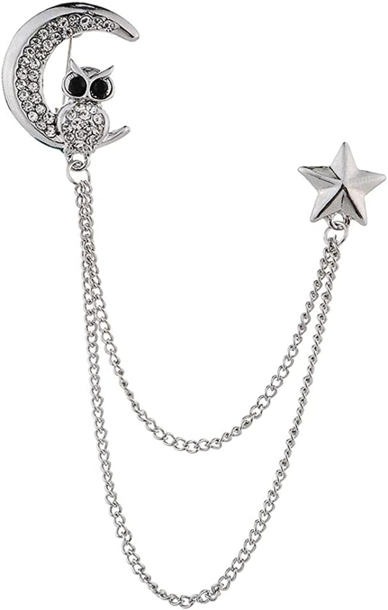 Simhoa Crystal Moon Brooch Chain, Lapel Pins Badge with Chain Tassel for Blouse Shirt Collar Pins Silver
