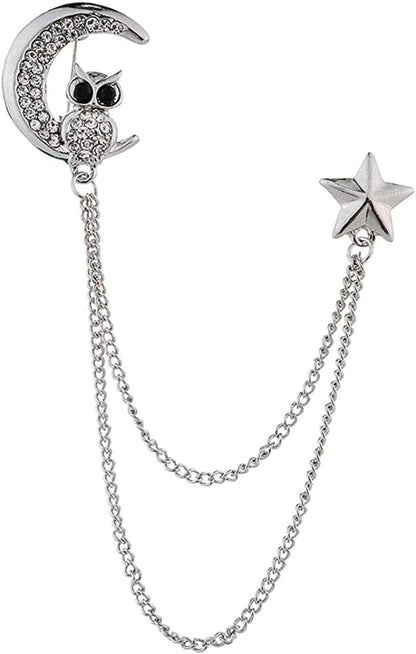 Simhoa Crystal Moon Brooch Chain, Lapel Pins Badge with Chain Tassel for Blouse Shirt Collar Pins Silver