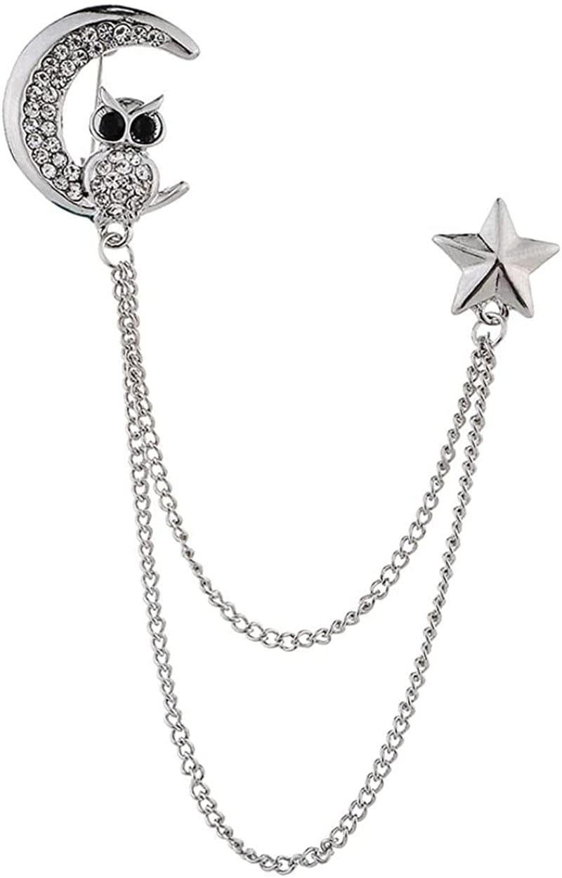 Simhoa Crystal Moon Brooch Chain, Lapel Pins Badge with Chain Tassel for Blouse Shirt Collar Pins Silver