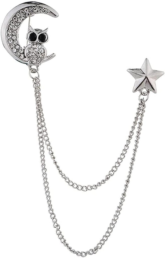 Simhoa Crystal Moon Brooch Chain, Lapel Pins Badge with Chain Tassel for Blouse Shirt Collar Pins Silver