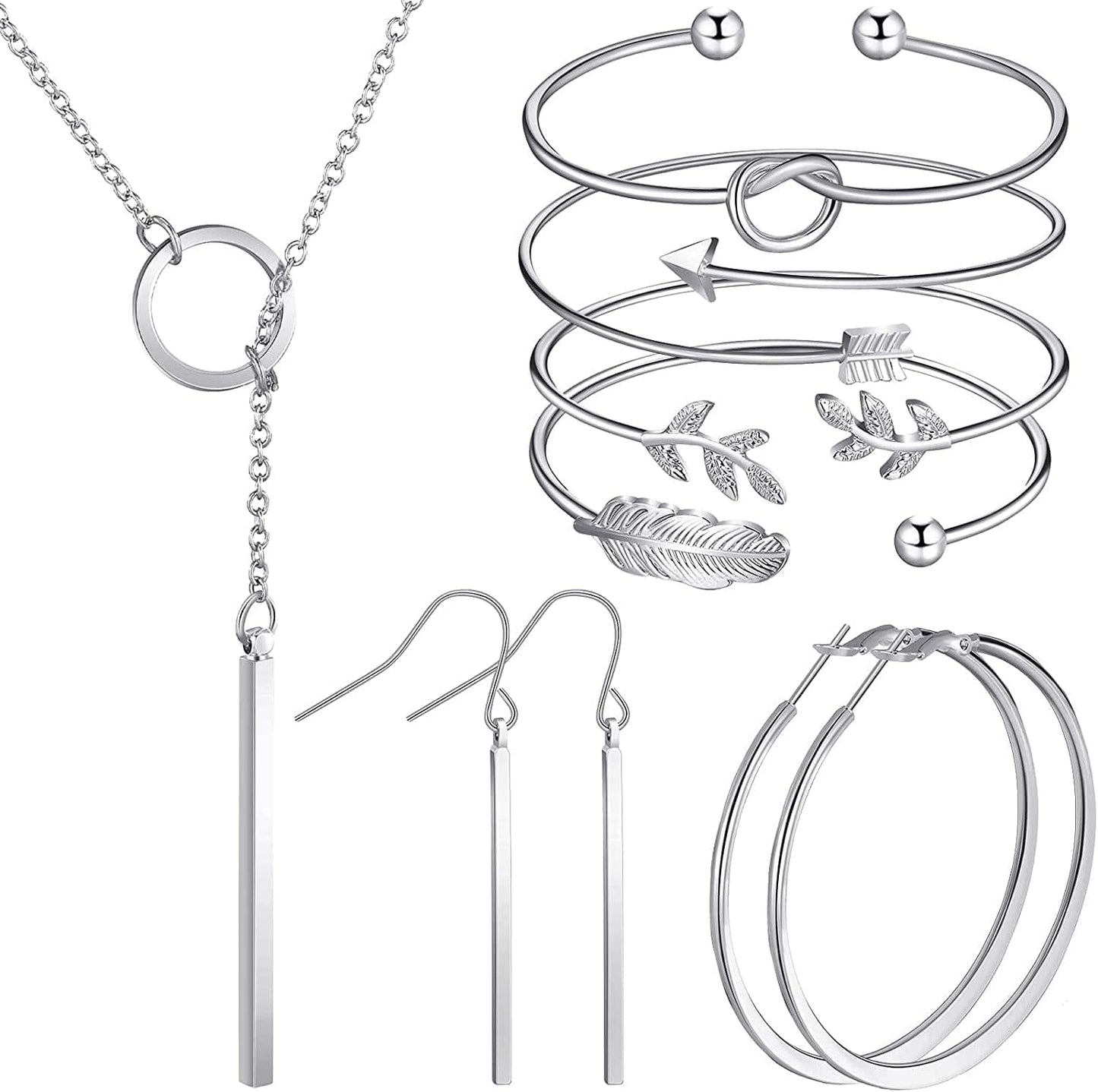 Simple Bar Jewelry Set Vertical Bar Necklace Earrings Adjustable Cuff Bracelet for Women Silver