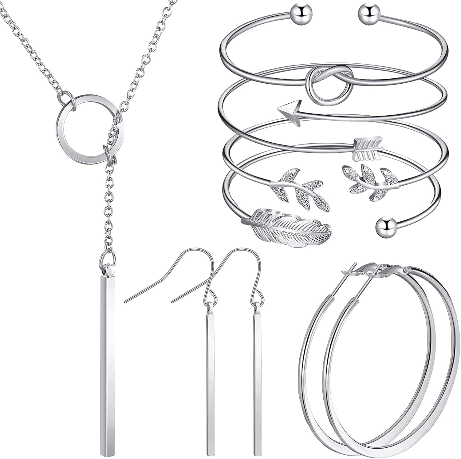 Simple Bar Jewelry Set Vertical Bar Necklace Earrings Adjustable Cuff Bracelet for Women Silver