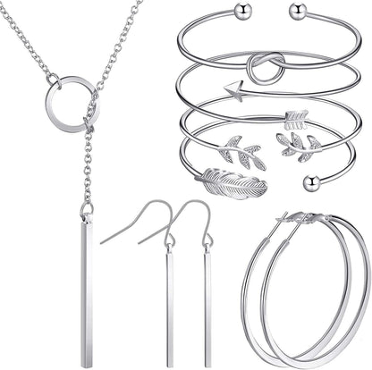 Simple Bar Jewelry Set Vertical Bar Necklace Earrings Adjustable Cuff Bracelet for Women Silver