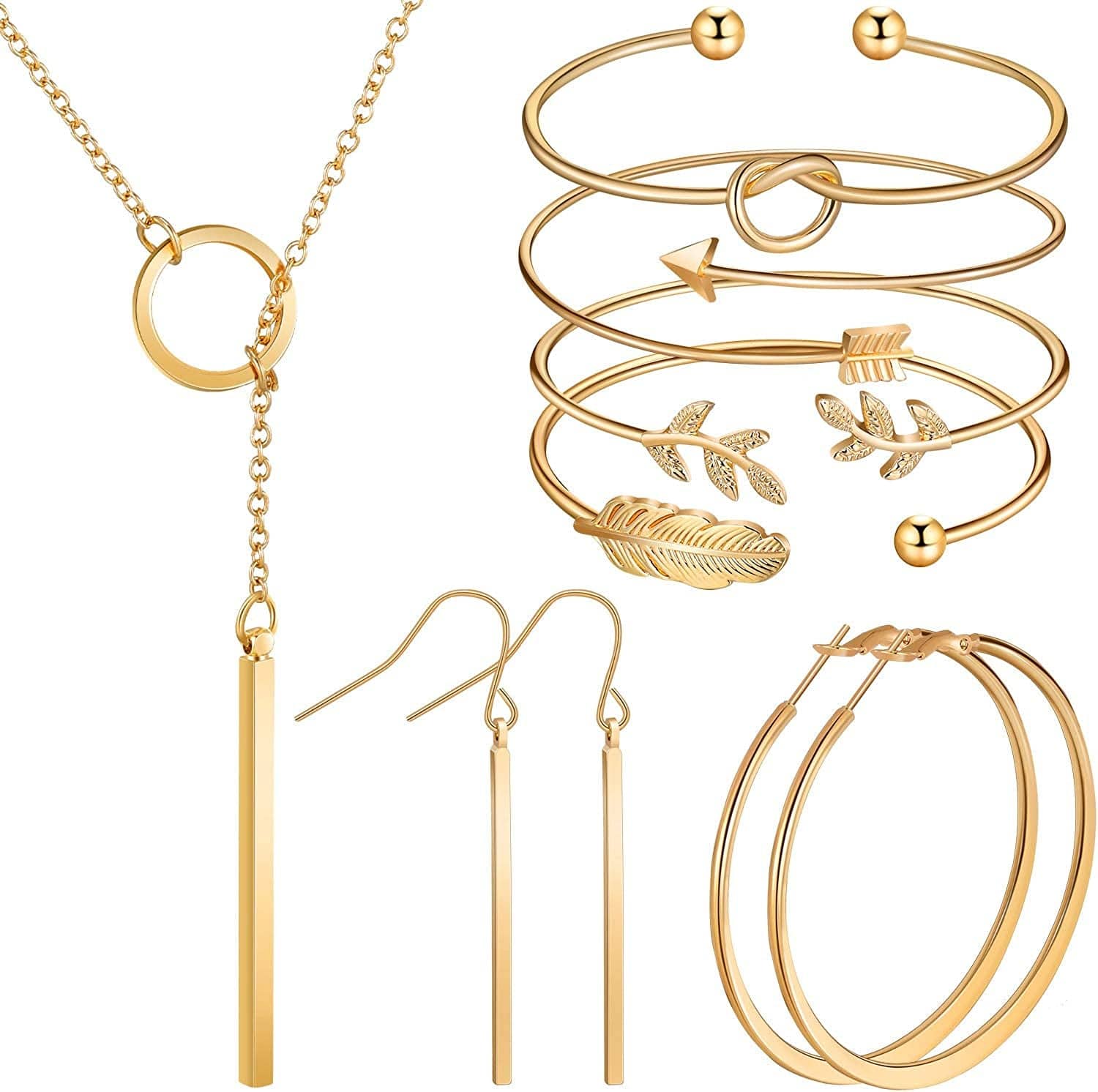 Simple Bar Jewelry Set Vertical Bar Necklace Earrings Adjustable Cuff Bracelet for Women Gold