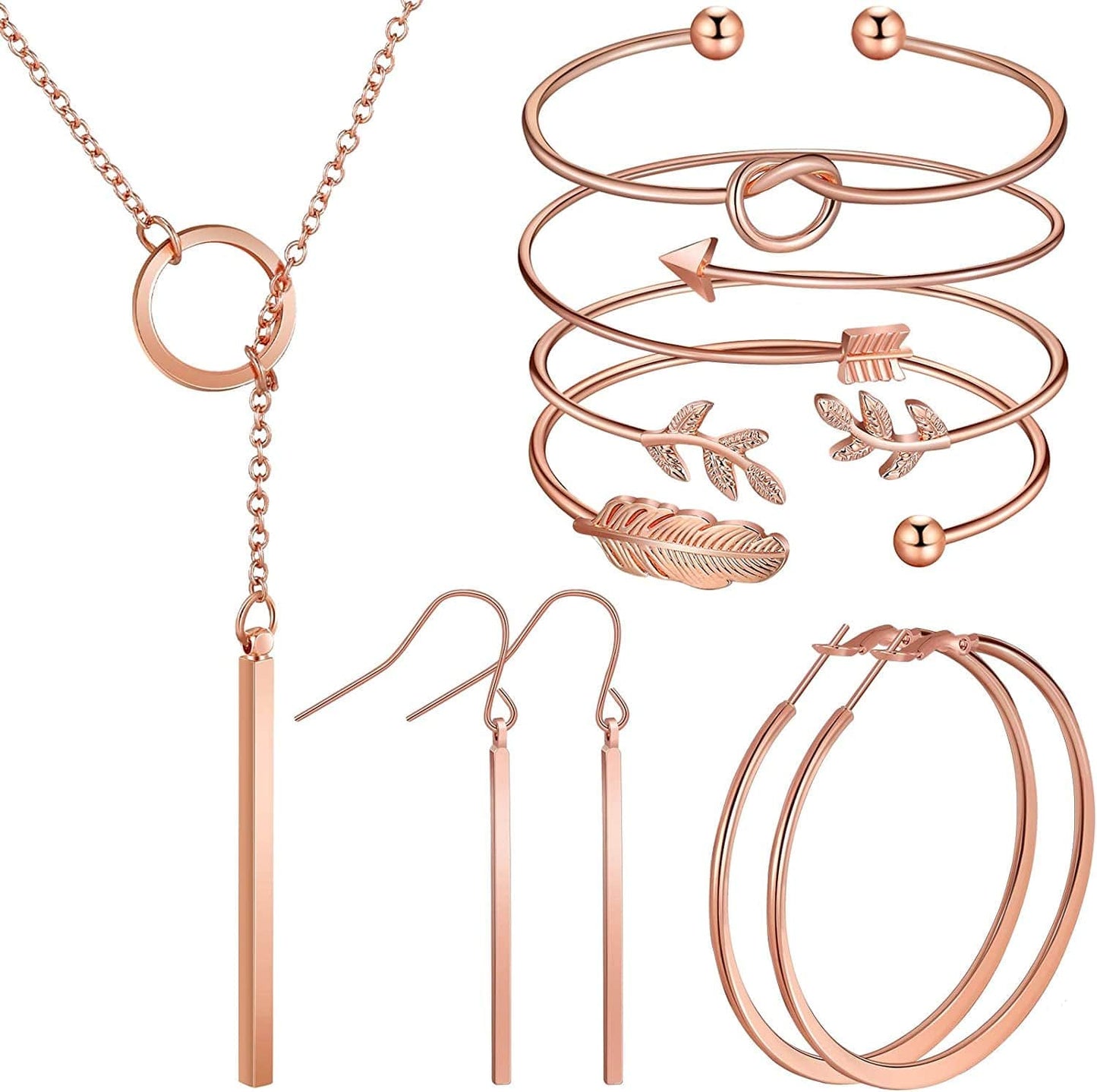 Simple Bar Jewelry Set Vertical Bar Necklace Earrings Adjustable Cuff Bracelet for Women Rose Gold