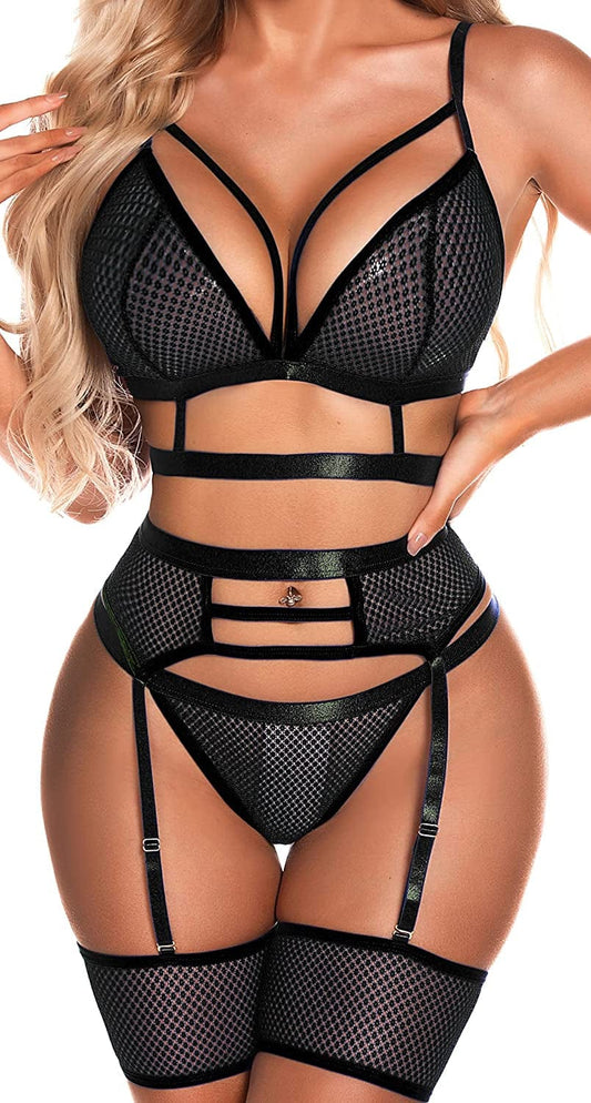 SINMLIN Women Lingerie Set 4 Pieces Stappy Garters Lingerie Set Mesh Bra and Panty Set Black / X-Large