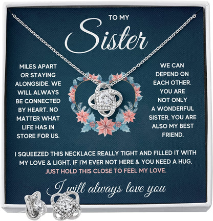 Sisters Gifts from Sister Necklaces for 2 Big Sister and Little Sister Happy Birthday Present for Women Jewelry Best Sister with Message Card and Gift Box Sister Squeezed / Knot Earrings Set