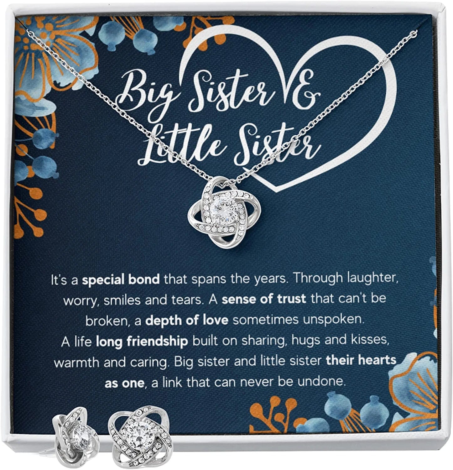 Sisters Gifts from Sister Necklaces for 2 Big Sister and Little Sister Happy Birthday Present for Women Jewelry Best Sister with Message Card and Gift Box Sister Bond / Knot Earrings Set