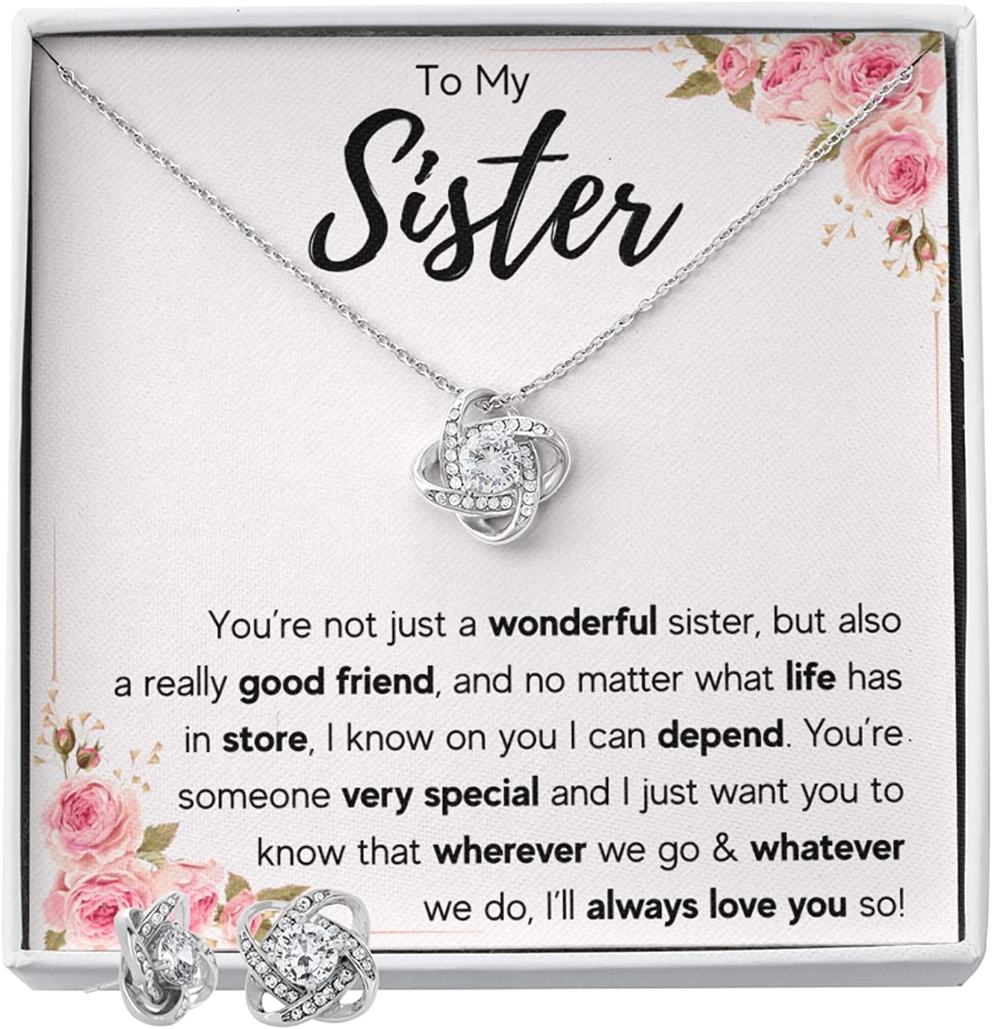 Sisters Gifts from Sister Necklaces for 2 Big Sister and Little Sister Happy Birthday Present for Women Jewelry Best Sister with Message Card and Gift Box Sister Love You So / Knot Earrings Set