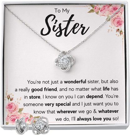 Sisters Gifts from Sister Necklaces for 2 Big Sister and Little Sister Happy Birthday Present for Women Jewelry Best Sister with Message Card and Gift Box Sister Love You So / Knot Earrings Set